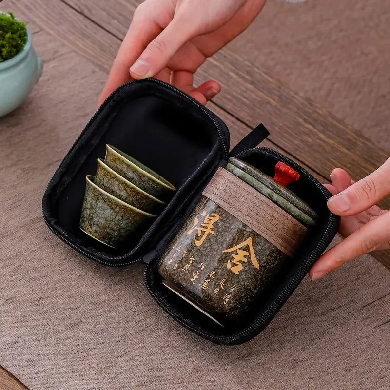 The Kiln-glazed Travel Tea Set Includes 1 Pot 3 Cup Quick-service Teaware Chinese-style Tea Drinking Set 1 Teapot  3 Teacups