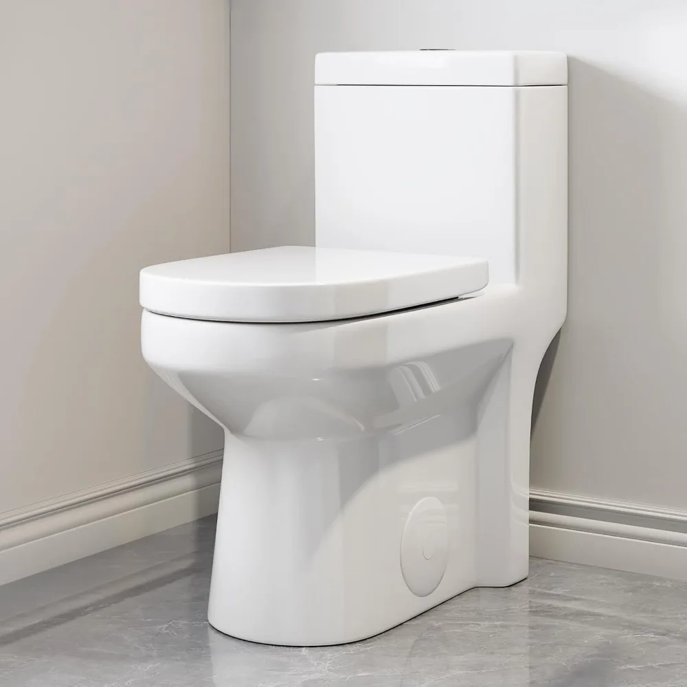 

One Piece Toilet for Bathroom, Space-Saving Powerful Dual Flush Round Small Toilet, Average 1.28 GPF, Skirted Design