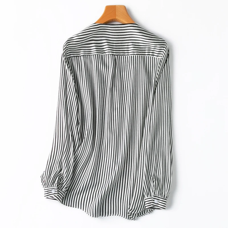 Women Shirt 93% Mulberry Silk 7% Spandex 19 Momme White Black Striped Printed Long Sleeve Top Blouse office work M L XL M1069