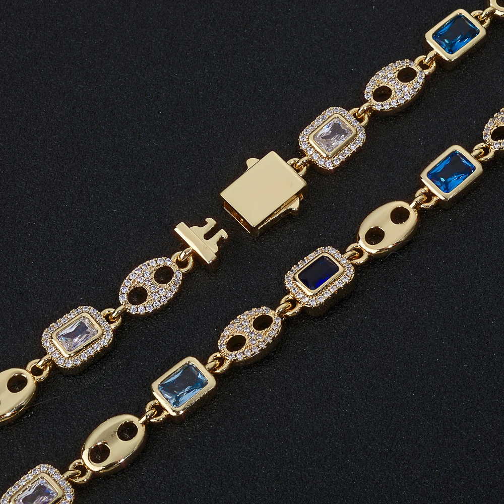 ESKEEM 8MM Gemstone Iced Out Pig Nose Bracelet New Blue Cubic Zirconia Cuban Link Bracelet Hip Hop Jewelry