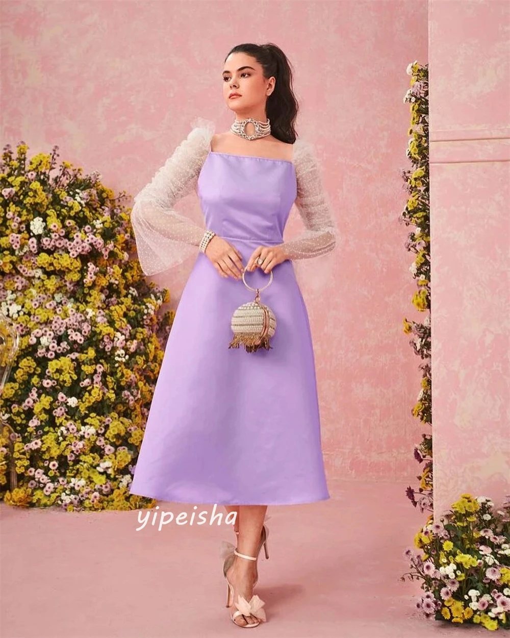 Prom Dress Saudi Arabia Satin Pleat Formal Evening A-line Square Neck Bespoke Occasion Dresses Tea-Length