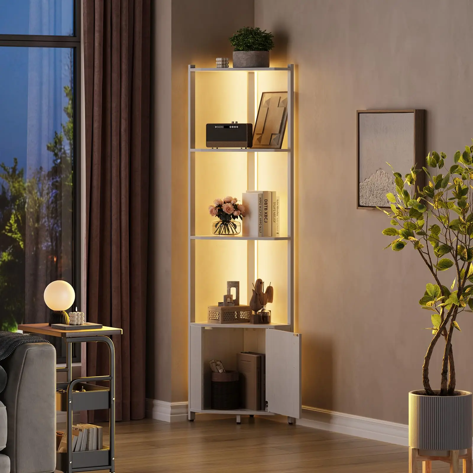 Modern 5-Tier Corner Shelf Stand with LED Light 57'' Tall Metal Frame Wooden Bookcase Display Rack Space-Saving Storage Organizer Plant Stand Furniture for Living Room Bedroom Kitchen Bathroom Entryway