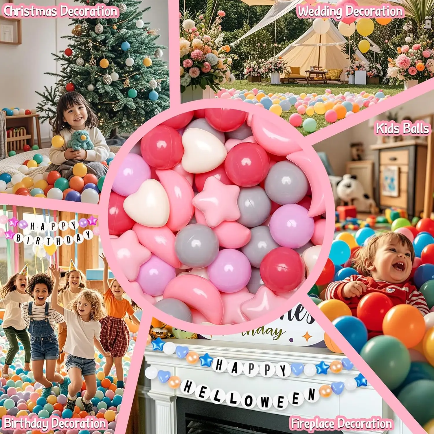 ลูกบอลสตาร์ฮาร์ทมูนสำหรับบ่อบอล, ลูกบอลรูปทรงต่างๆ สำหรับบ่อบอล, 100 ลูก ขนาด 2.15 นิ้ว สีชมพูอ่อน ทนทาน ไม่แตกง่าย ปลอดสาร BPA