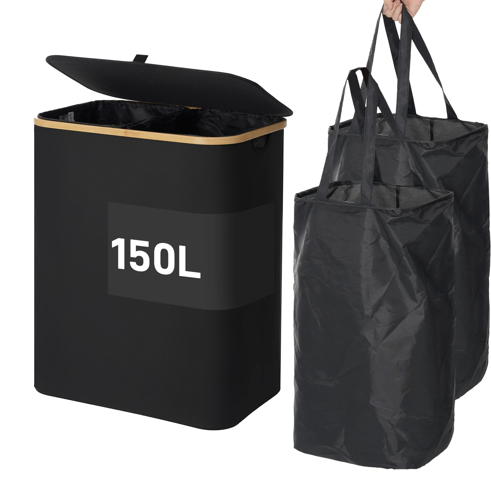 

Double Laundry Hamper with Lid 150L Large Laundry Basket with Bamboo Handles Foldable Clothes Hampers with 2 Removable Liner Bag