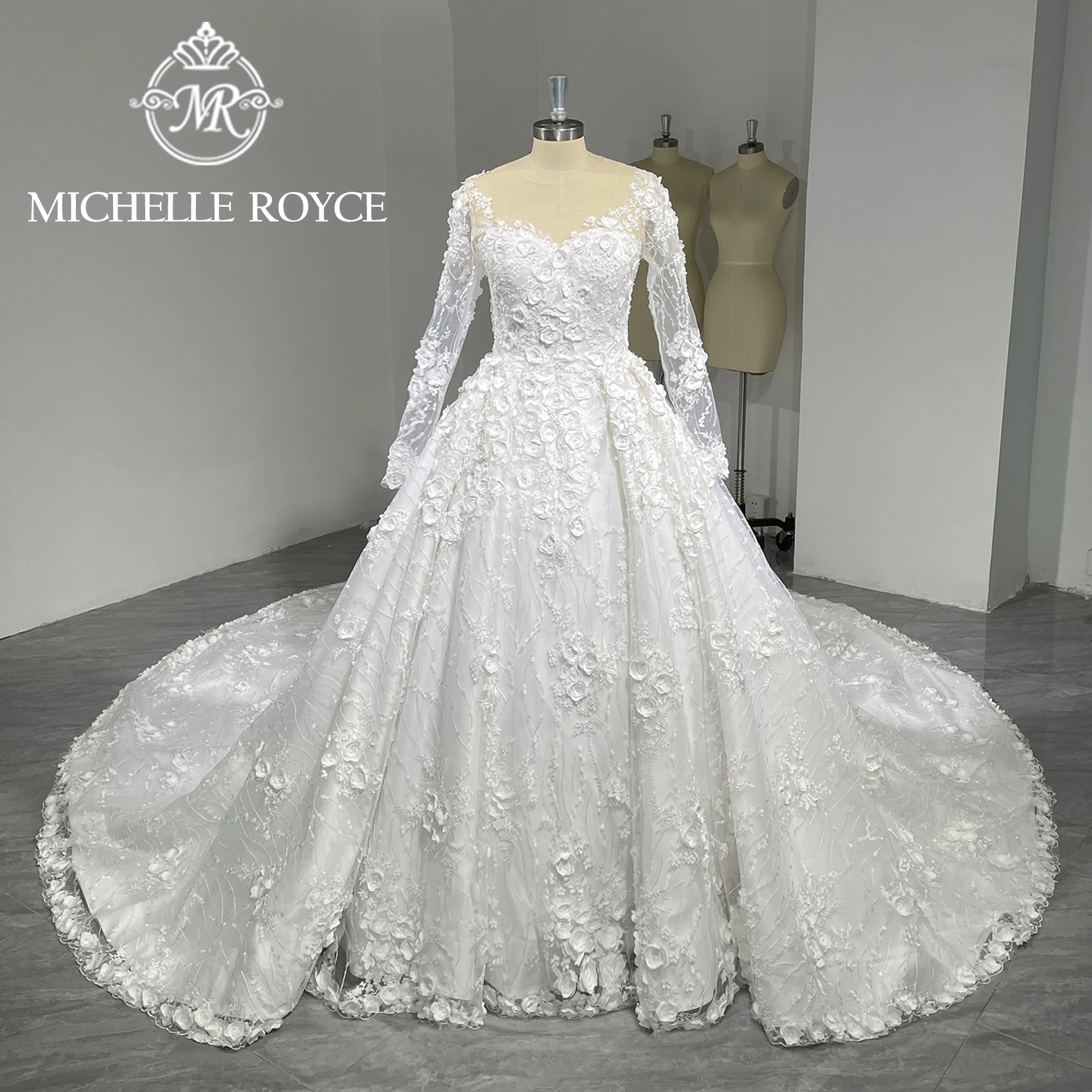 

Michelle Royce Extravagant Ball Gown Wedding Dress 2024 Sweetheart 3D Flowers Button Long Sleeves Wedding Gown Vestidos De Novia