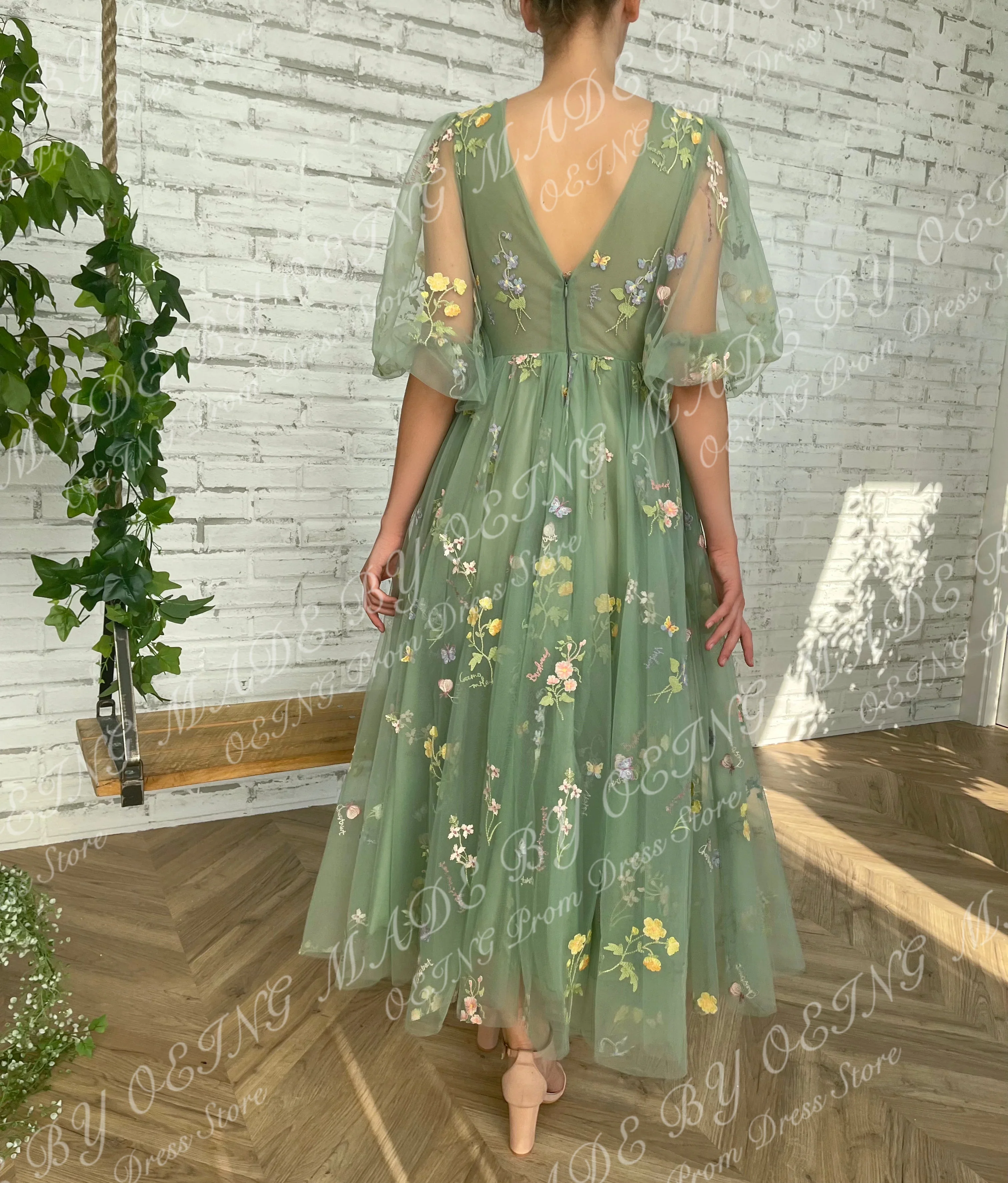 OEING Green A-LINE Evening Dresses Fairy Flowers Appliques V Neck Tea Length Short Sleeves Prom Dress For Special Occasion