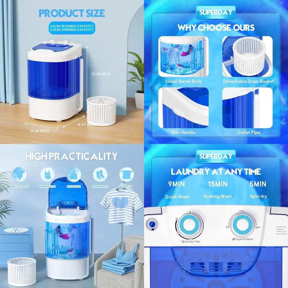 

Компактная портативная стиральная машина с одной загрузкой, вместимостью 6,6 фунтов и функцией отжима, идеально подходит для дома, квартир, улицы и общежитий - синяя