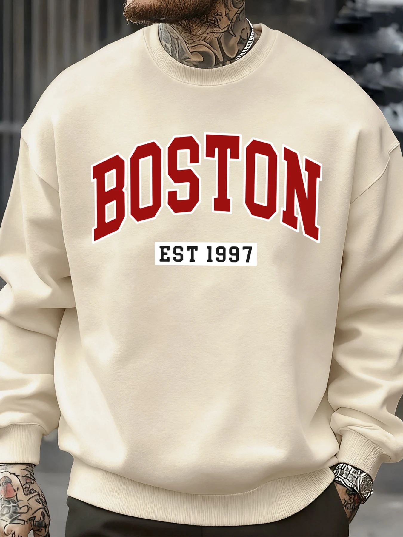 Boston Letter Est 1997 Bedrucktes Herren-Sweatshirt aus Fleece, Oversize-Pullover, Herbst, lässig, Streetwear, Rundhalsausschnitt, weiche Kleidung, Tops