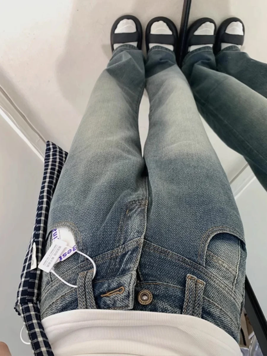 Amerykańskie jeansy retro z wzorem gwiazd, z wysokim stanem, szerokie nogawki, luźne, proste, wyszczuplające, zwiewne spodnie z designerskim akcentem.