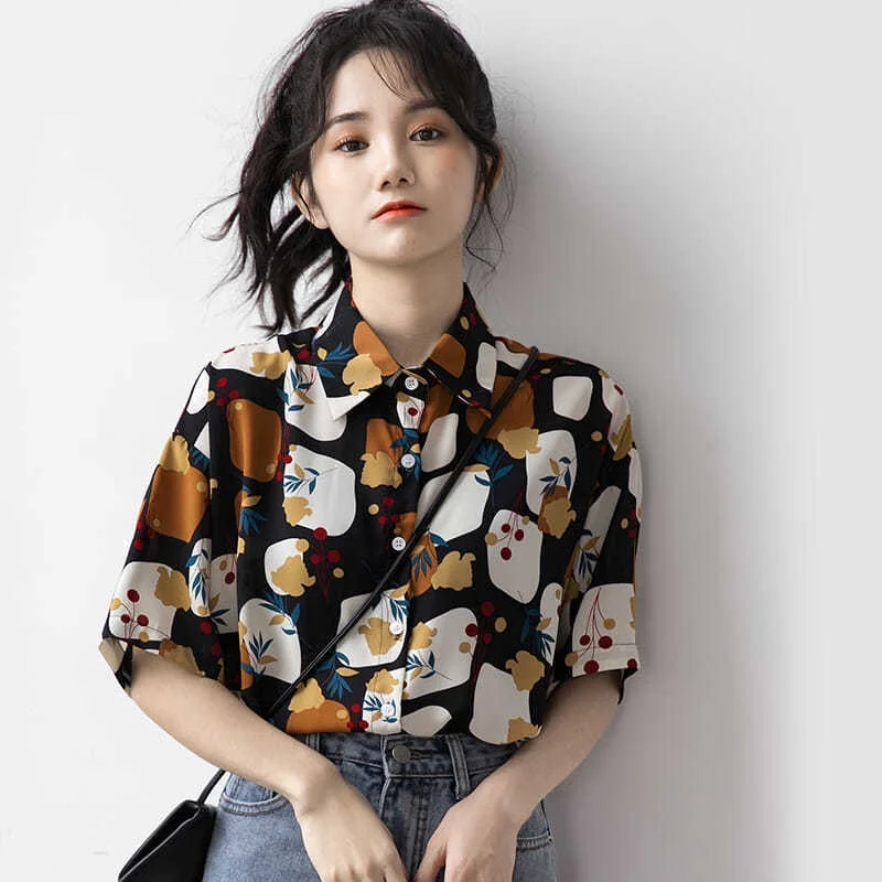 Women's Fashion Casual Loose Short Sleeve Shirt New Summer Retro Hong Kong Style T-shirt Hip Hop Alphabet Print Shirt Half Sleev