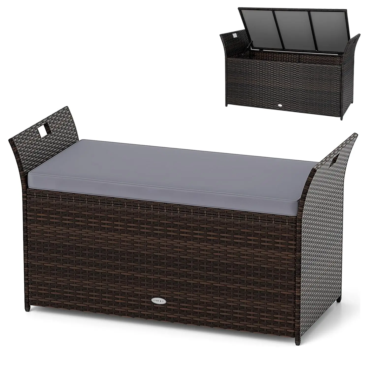 Wicker Outdoor Storage Bench - 68 Gallon Rattan Deck Box w/Side Handles & Soft Cushion for Pillows, Garden Tools, Pool Accessor