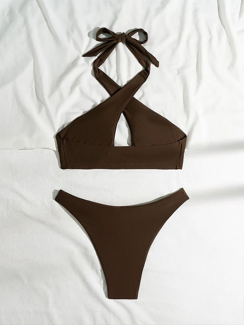 Women's Halter Micro Bikini Set Sexy High-End Two-Piece Swimwear Solid Color Swimsuit Summer Holiday Beach Swim Clothes Outfits