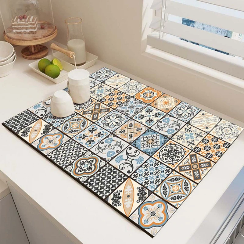 VIKAMA Kitchen Drain Mat Blue White Vintage Tile Mosaic Print Dish Drying Mat Water Absorbent Quick Dry Anti Slip Soft