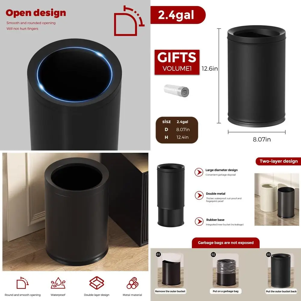 

9L Capacity Black Steel Waste Bin for Bathroom, Suitable for Small Spaces and Various Rooms
