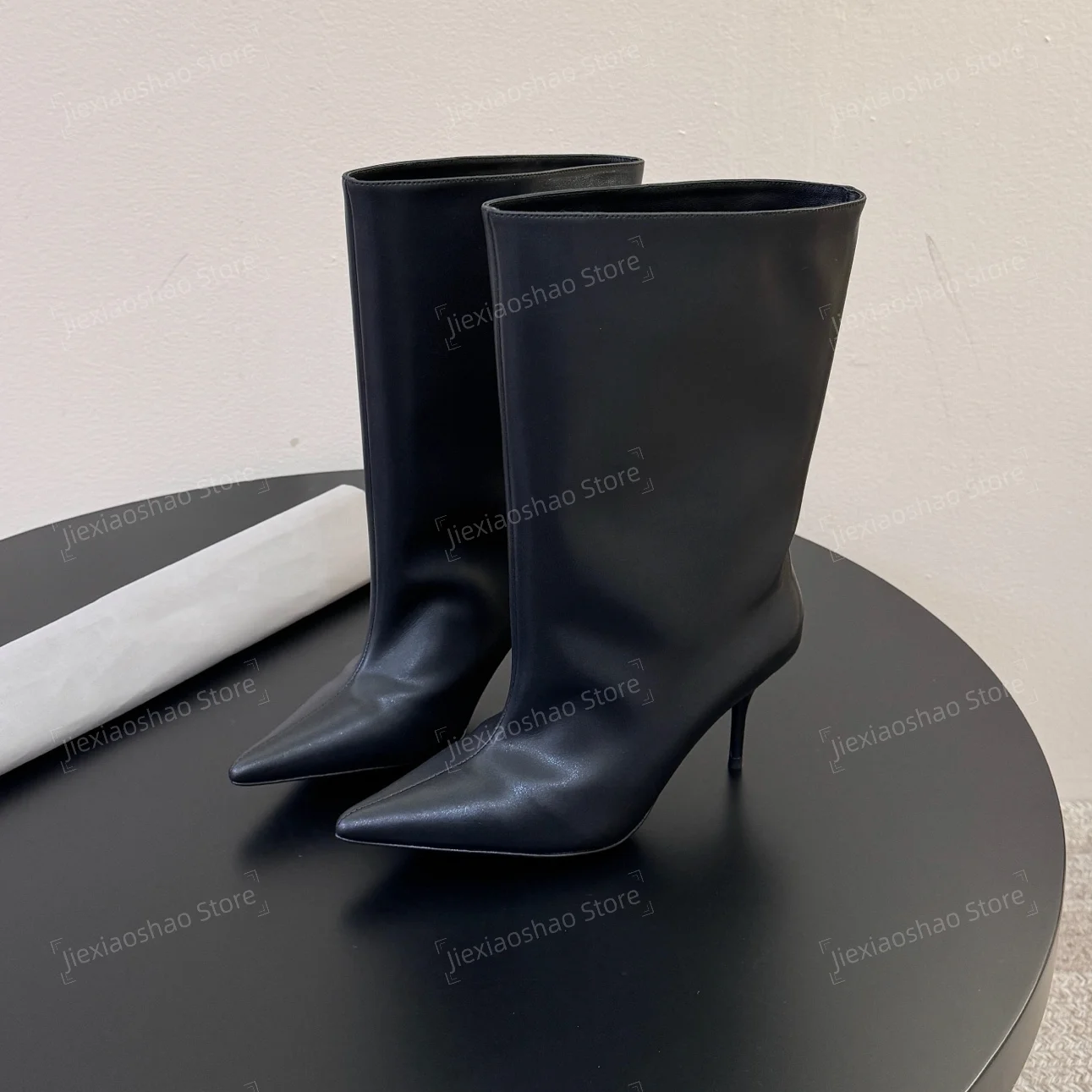 Desinger Genuine Leather Pointed-Toe Kitten Heel Mid-Calf Boots Woman Chelsea Boots Banquet Pumps Plus Size Zapatos De Mujer