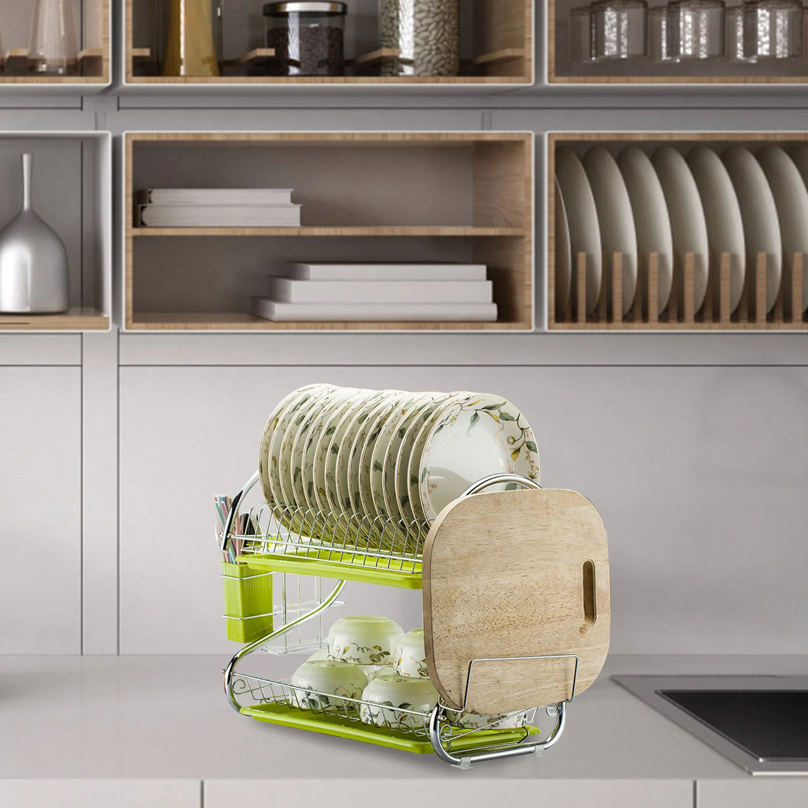 

Green Iron Dish Drying Rack Household Tableware Drainer Kitchen Storage Shelf Drainage Design Dish Organizer Bowl Container