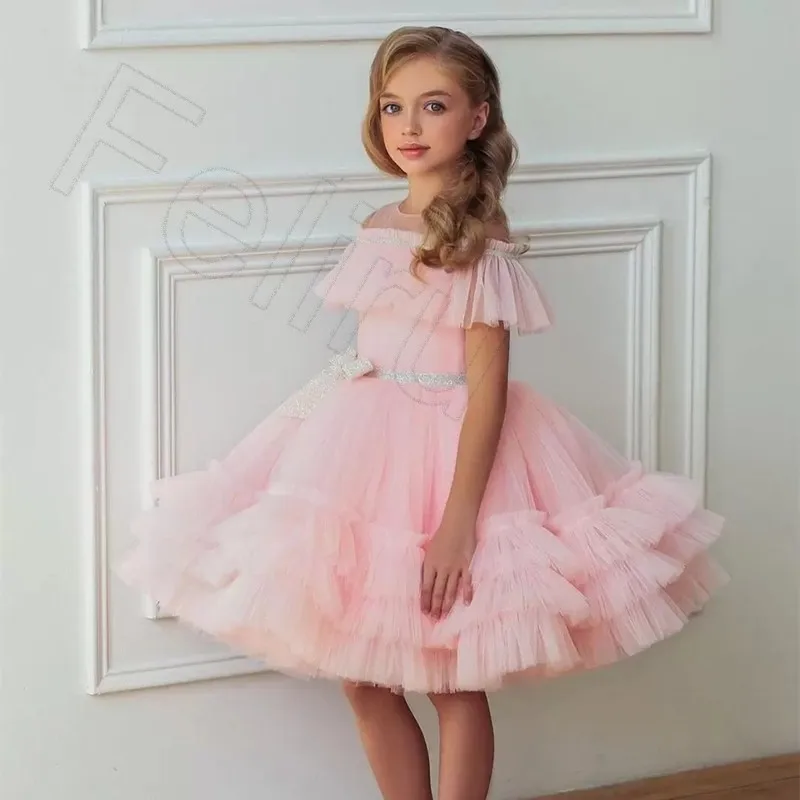 Vestidos de encaje de tul para niña, vestido de Primera Comunión para niña, vestido de baile de princesa, fiesta de boda, dama de honor