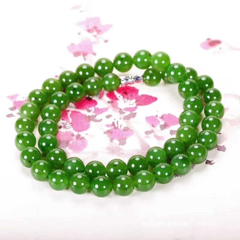 Natural Jadeite , Lustrous Hotan Necklace, Spinach Green With Black Spots