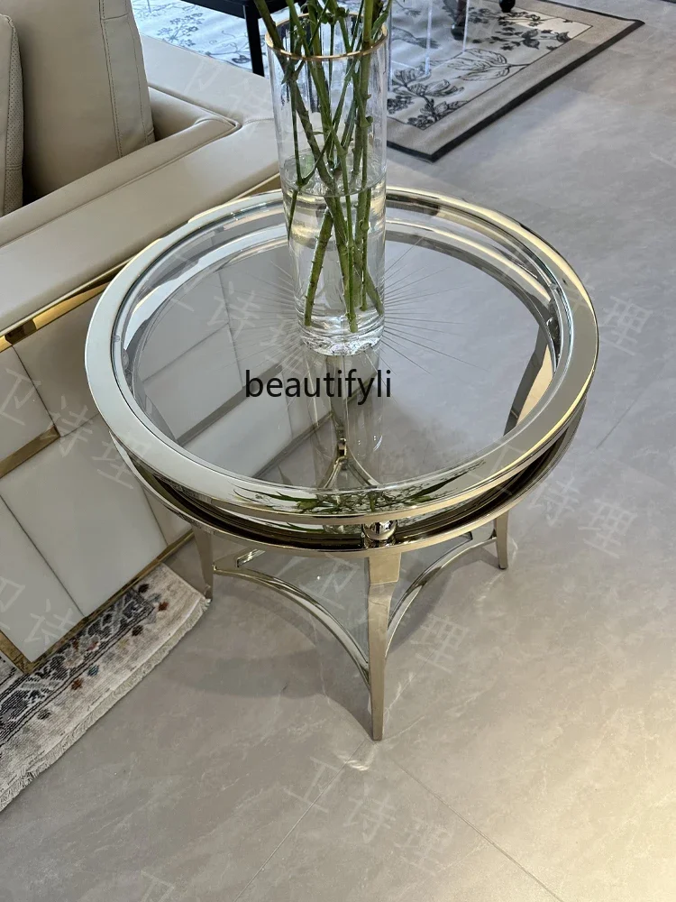 American simple postmodern coffee table Italian light luxury stainless steel glass living room round coffee table