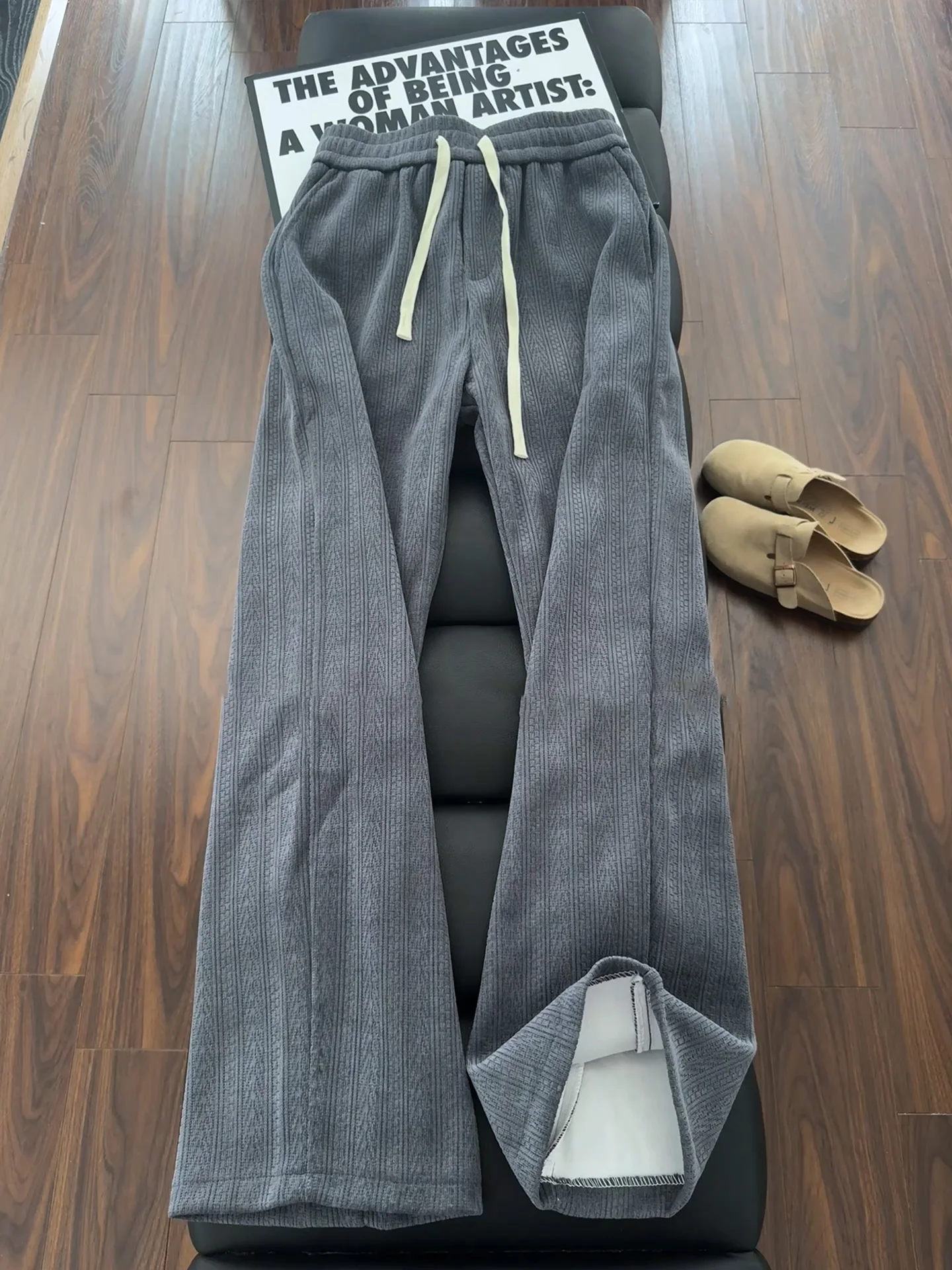 Deep Grey Thickened Fleece Knitted Trousers Men's Style Drapey Wide Leg Pants Luxury Sensation Casual Fashion Youth Trend