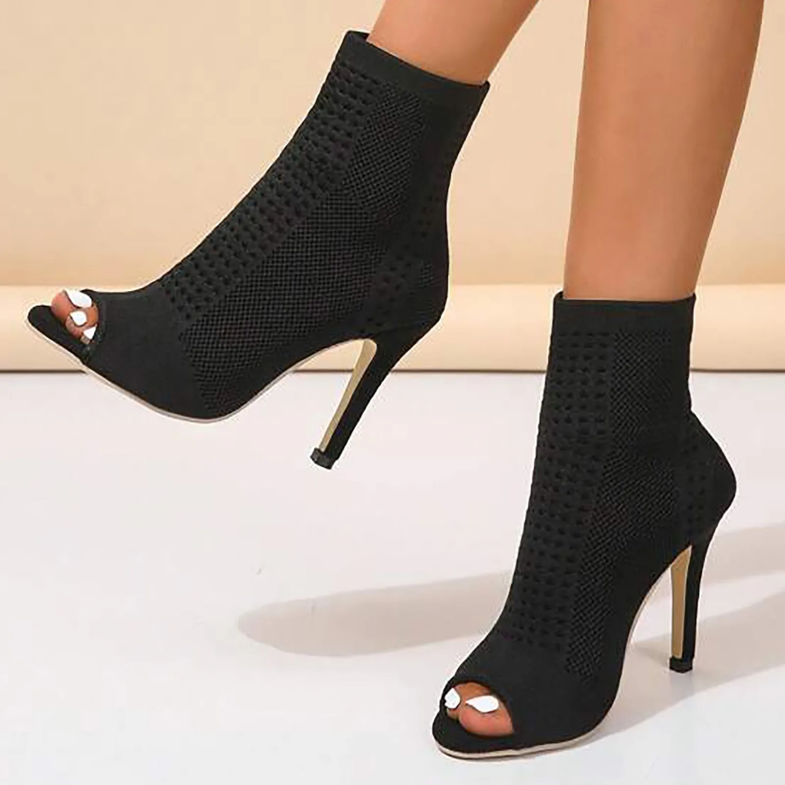 Fashion Ladies Peep Toe Stretch Fabric Knitting Ankle Boots Small Hole Hollow Out Breathable Elegant Women High Heel Dress Shoes