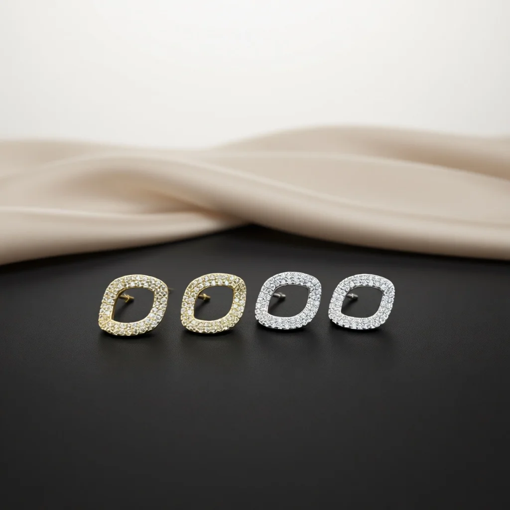 Hollow Cushion Square Pave Zircon Stud Earrings Open Frame Sparkling Silhouette Two‑Tone Women Minimalist Daily Fashion Jewelry