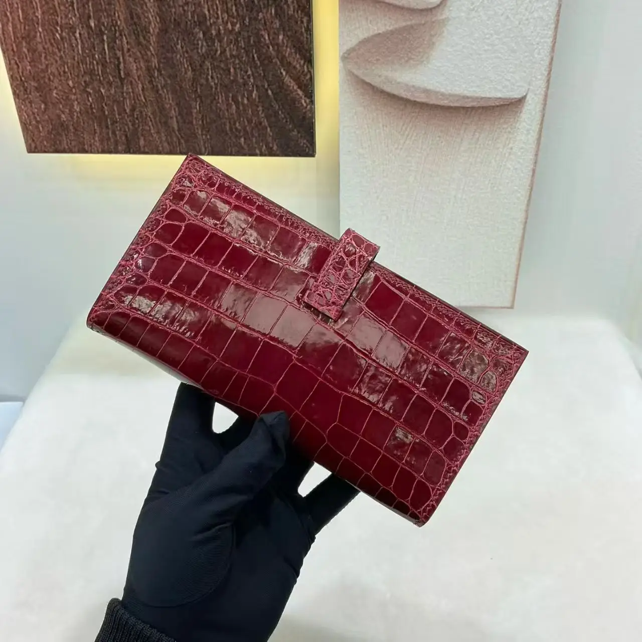 High Glossy Shinny Red Color Genuine crocodile skin wallet Long size alligator leather purse bank card holder case
