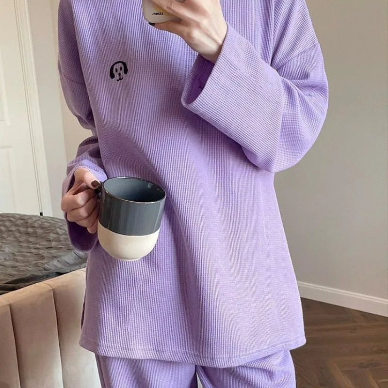 Spring Autumn New Women Pajamas Extra Large Waffle Female Thin Homewear Suit Round Neck Solid Color Simple Sleepwear Sets 2024