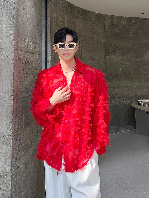 

Handmade Long Sleeve Men's Shirt Korean Style Loose Fit Summer Fashionable Feather Fringe Design Breathable Youthful Trend