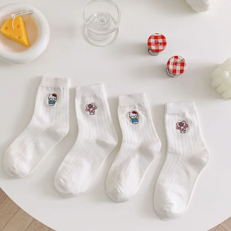 2 Pairs Sanrio Cute Anime Ins Cotton Socks Hello Kitty Mymelody Women's Simple Casual White Mid-Calf Leisure Socks Women Gift