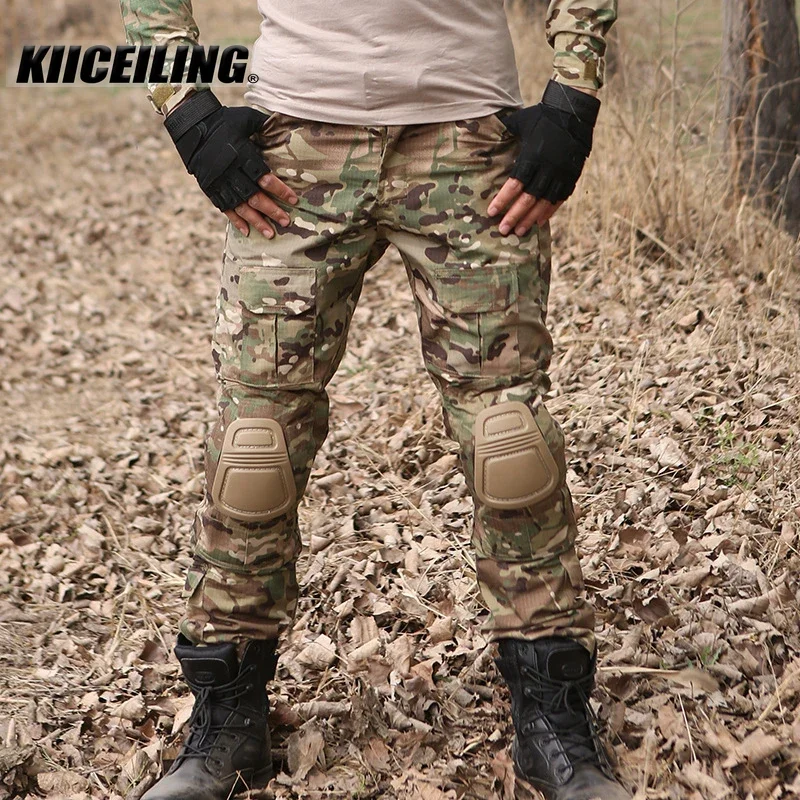 KIICEILING-G2 Hunting Pants with Knee Pads, Black Multicam Cargo Pants, Tactical Pants, Combat Pants, Camouflage Trousers