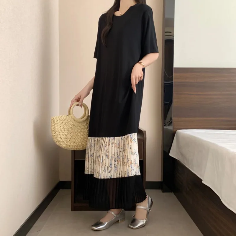 #6137 Spliced Chiffon Pleated T Shirt Dress Women Vintage O-neck False Two Piece Tshirt Dress Ladies Black Straight Streetwear