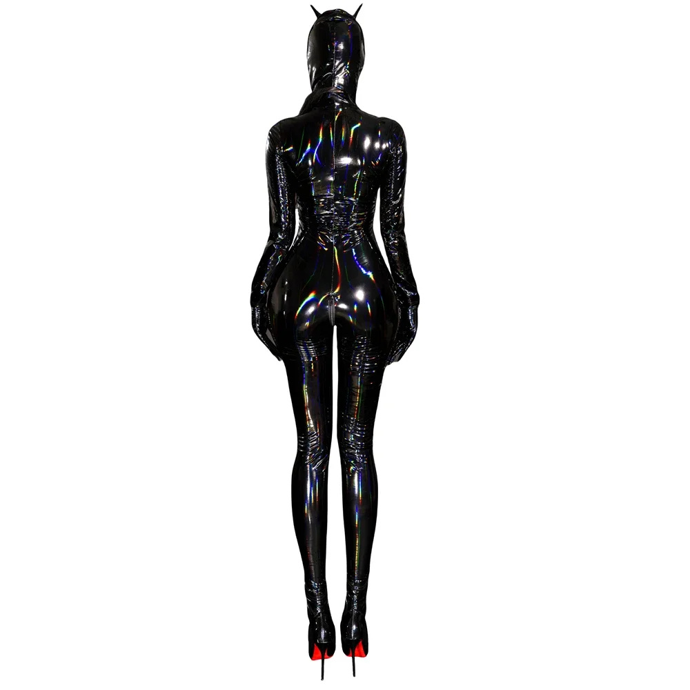 여성용 Wet Look Shiny PU 가죽 바디 슈트 나이트 클럽 코스프레 Catsuits 지퍼 가랑이 긴 소매 Bodycon Rompers Glossy Jumpsuit