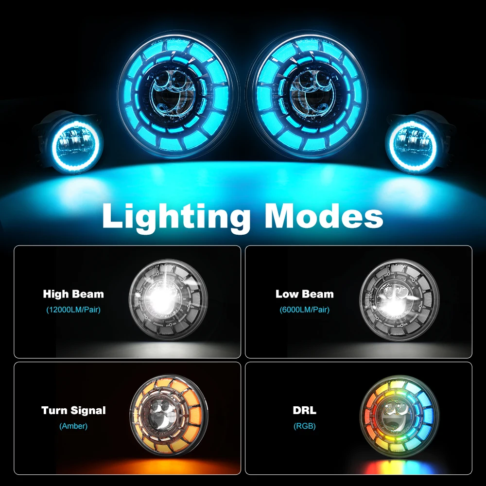 7'' Round Led Headlight Blue Tooth Phone App Halo Chasing Led High Low Beam Headlight With White/Amber Turns