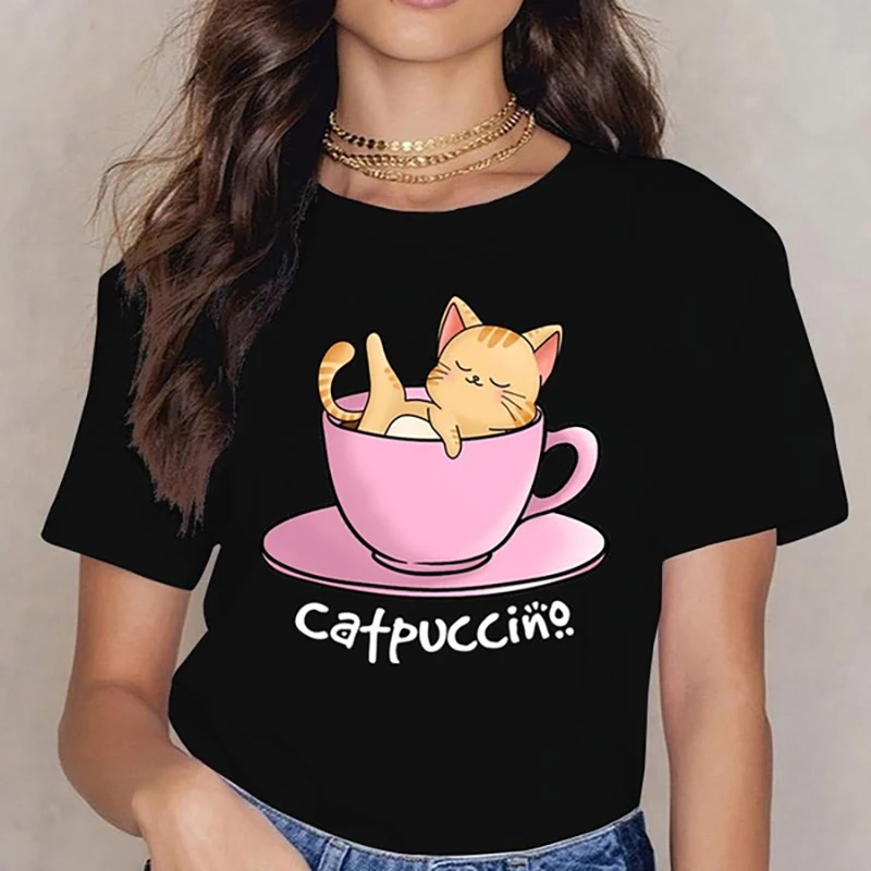 

Cute Cat T-shirts For Women Summer Lovely Short Sleeve Casual T-shirts Funny Ladies Round Neck Tops