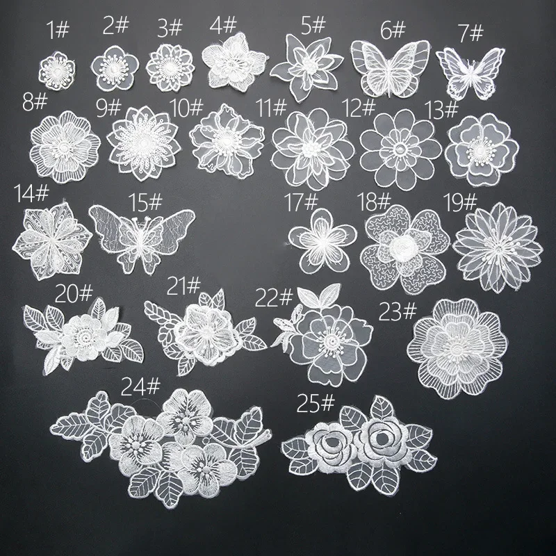 White Lace Embroidery Patches Sew Ion on Clothes Organza Flower Butterfly Appliques for Clothing Wedding Dress Decoration Stripe