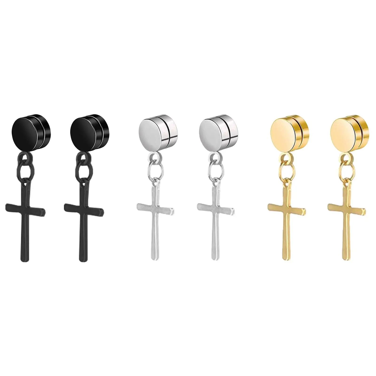 1 Pairs Magnetic Cross Clip on Earring Stainless Steel Non Piercing Hoop Dangle Cross Earrings for Men and Women