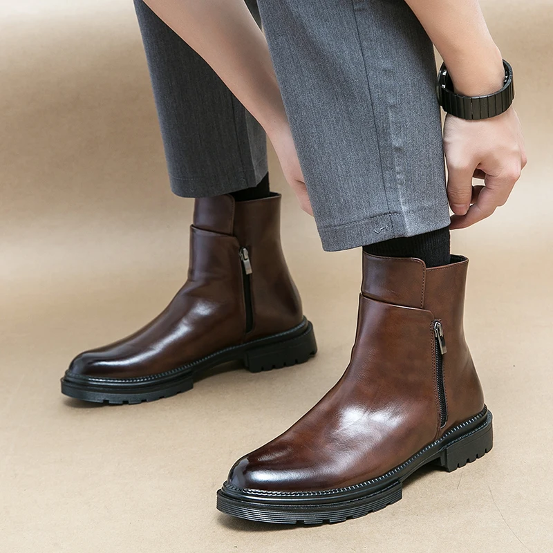 Round Toe Shoes Men\'s High Top Footwear Classic Retro Leather Chelsea Boots Side Zipper Fashion Ankle Boots Male Business Shoes