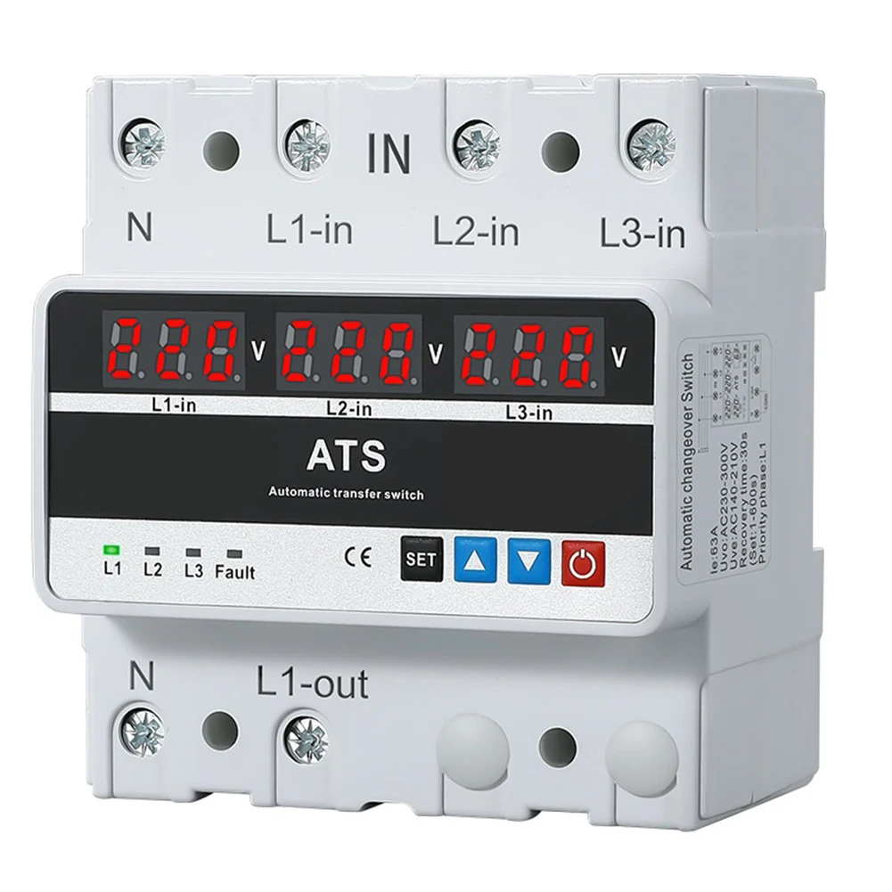 Smart 220V Three Phase Voltage Converter 63A 100A With LED Screen For ATS System Over Under Current Protection DIN Rail Mount