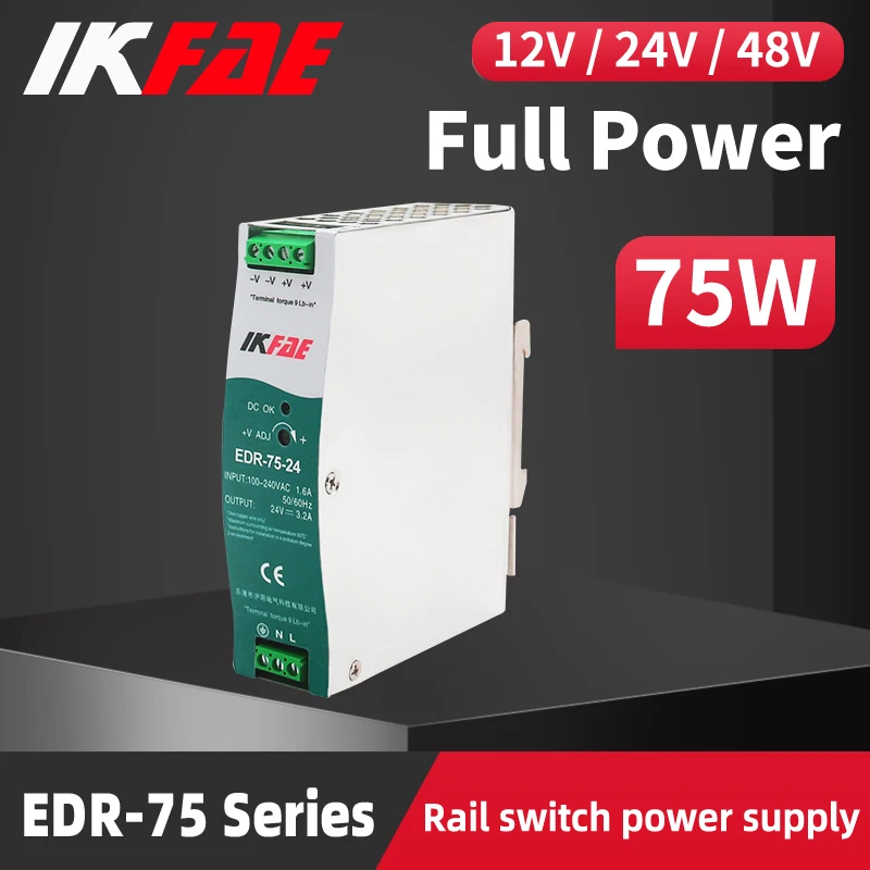 EDR-75 Industrial DIN Rail Switching Power Supply 120W 12V 24V 48V AC/DC EDR-75 Single Output Source Power