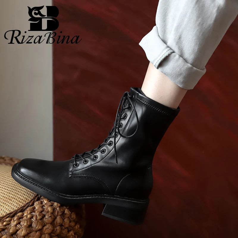 

RIZABINA 2022 New Arrival Women Ankle Boots Real Leather Women'S Shoes Winter Fashion Lace Up Short Boots Footwear Size 34-39