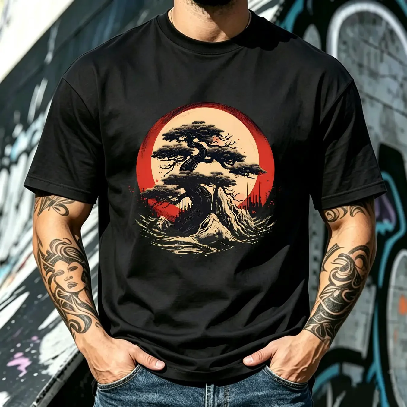 washed T Shirt Bonsai Tree In Japanese Zen Buddhist Red Circle Size S 5XL vintage Washed fashion Unisex graphic Slightly