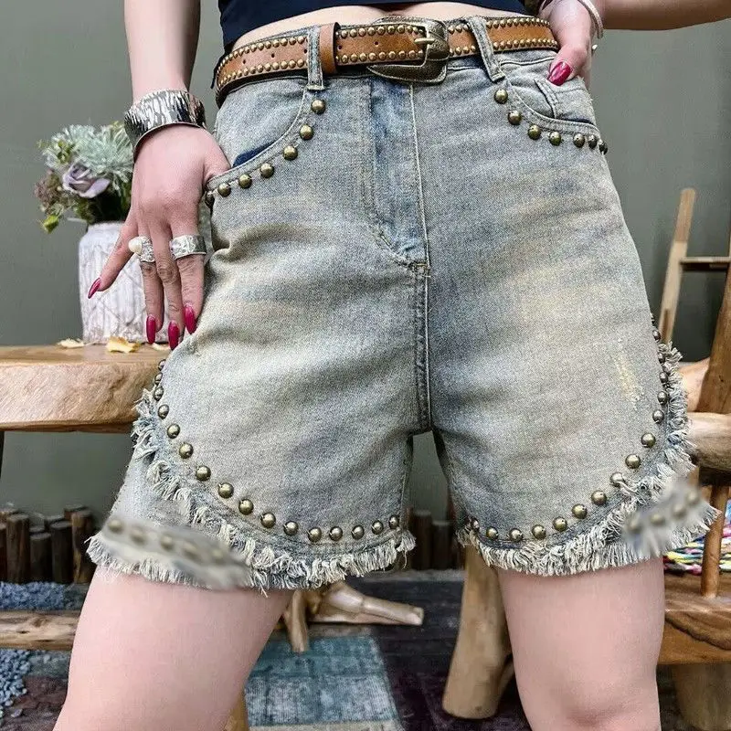 Rebites finos estilo hong kong retro denim shorts para mulheres novo tamanho grande solto emagrecimento calças de cinco pontos de perna larga