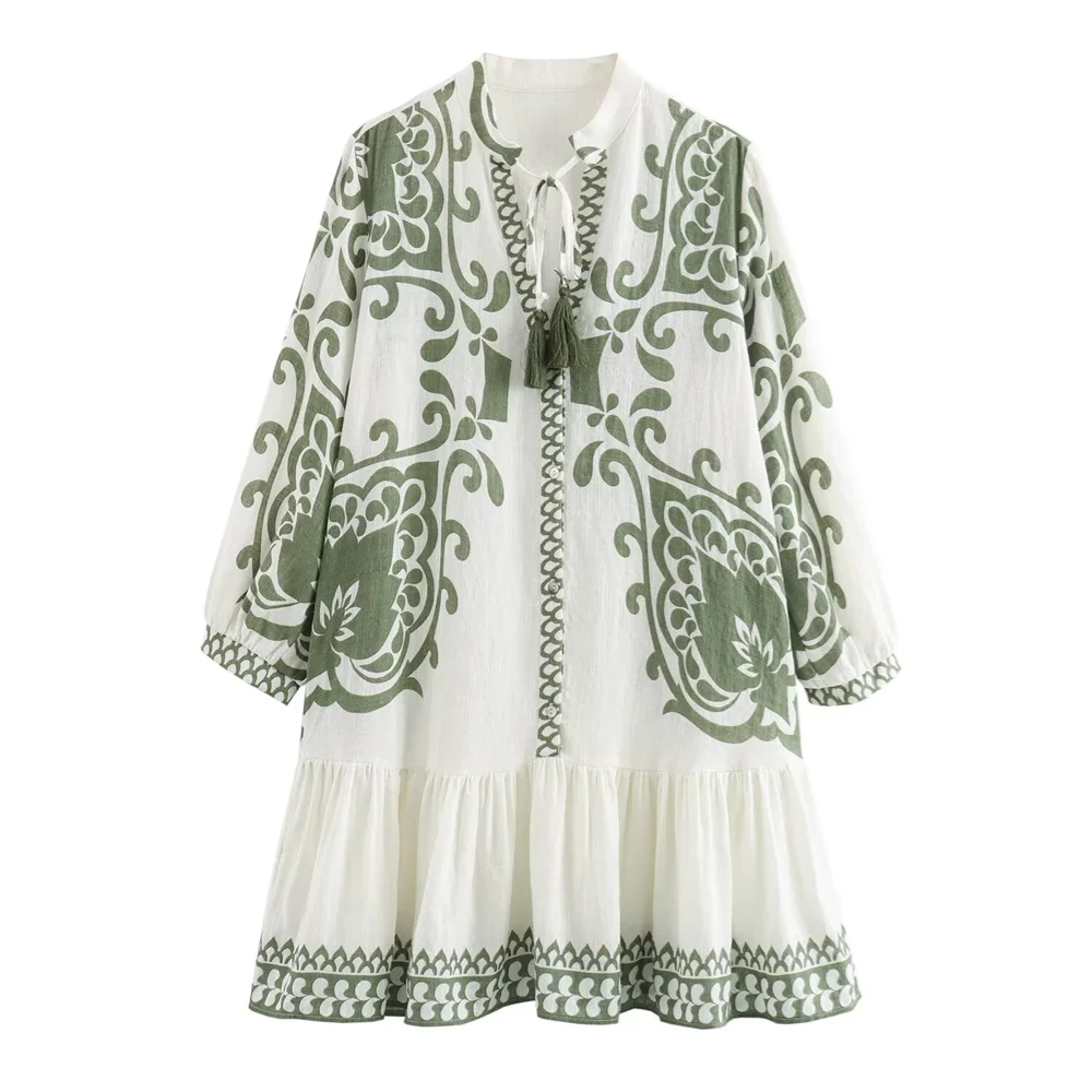 PB&ZA2024 Summer New Women\'s Fashion, Elegance, Leisure, Loose and Versatile Printed Tassel Lace up Mini Dress