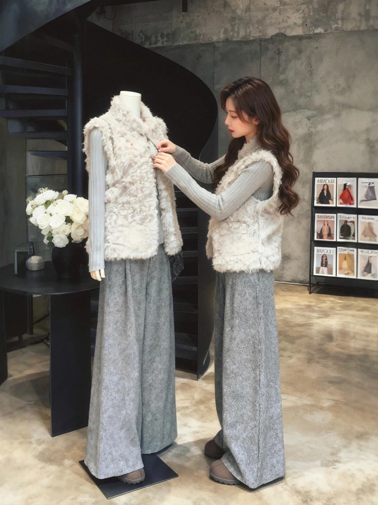 

Winter Faion plus Size Knitted Base irt Fur Vest Wide Leg Pants Tee Piece Set Warm Casual High Waist round Ne Top