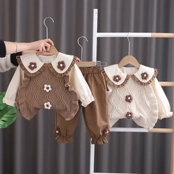 2024 Autumn Sets for children New Girl Clothing Set Children Sweater vest+cotton long sleeved shirt+long pants 3pc Kids Clothes