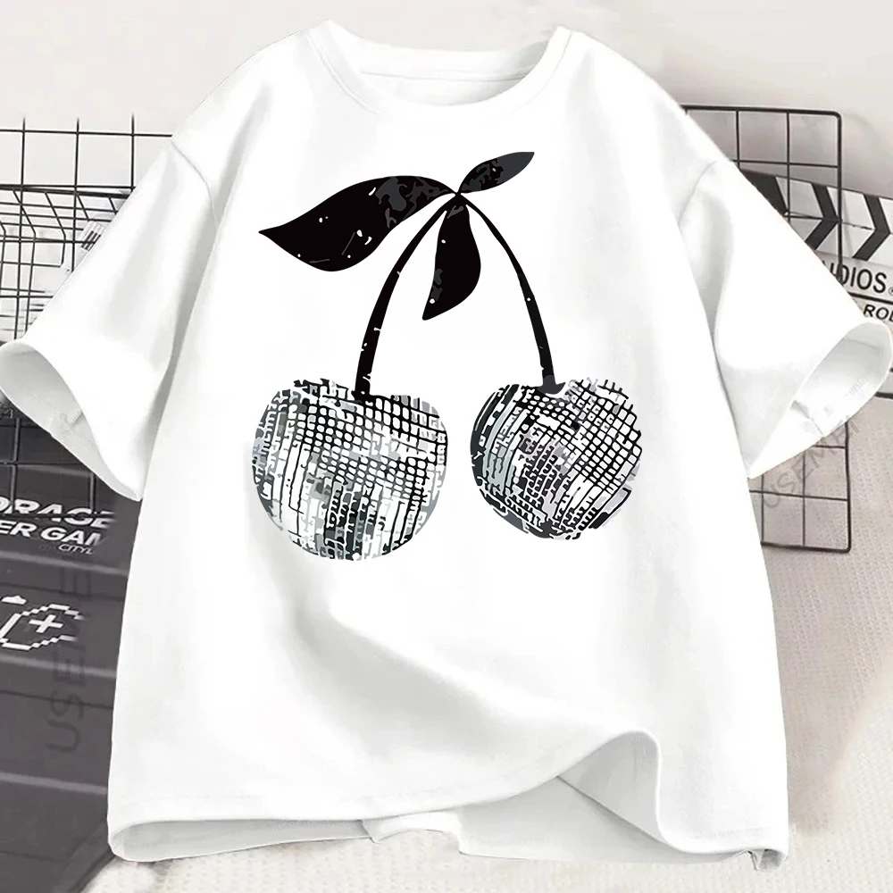 Camiseta Nueva Estilo Coreano con Estampado Gráfico de Cerezas Plateadas, Manga Corta, Cuello Redondo, Informal, para Verano y Primavera, Ropa de Mujer