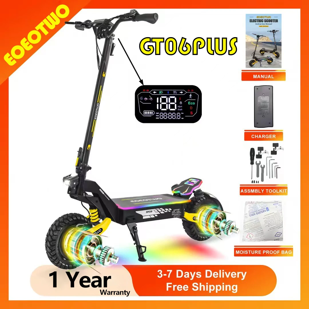 

EOEOTWO GT06PLUS Электрические скутеры 40 миль в час 2400 Вт Двойной двигатель 52V23AH Аккумулятор E Скутер для взрослых Гидравлический тормоз 11 дюймов Внедорожный эскутер