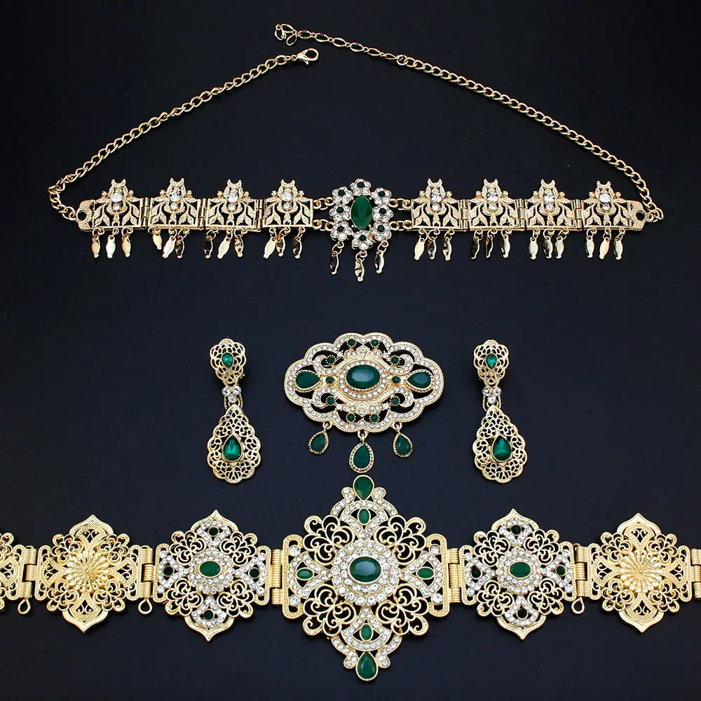 Neovisson Morocco Fashion Jewelry Sets Arabic Elegent Women Caftan Belt Hair Chain Brooch Earring Algeria Bride Accessorie