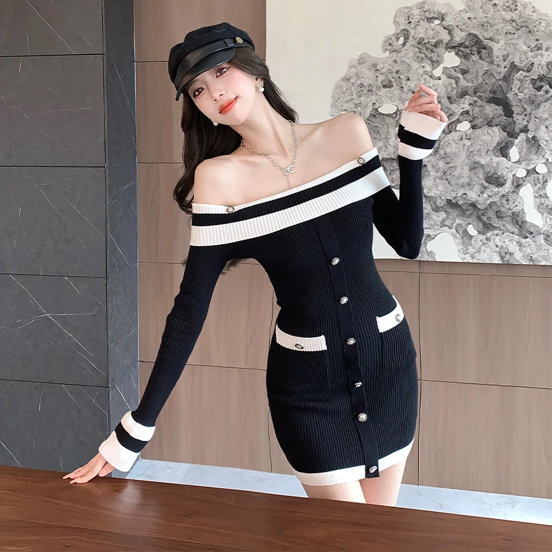 

Sweet Hot Girl Slash Neck Dress Women's Autumn/winter Slim Fit Knitted Off Shoulder Hip Wrap Dress Fashion Female Clothes